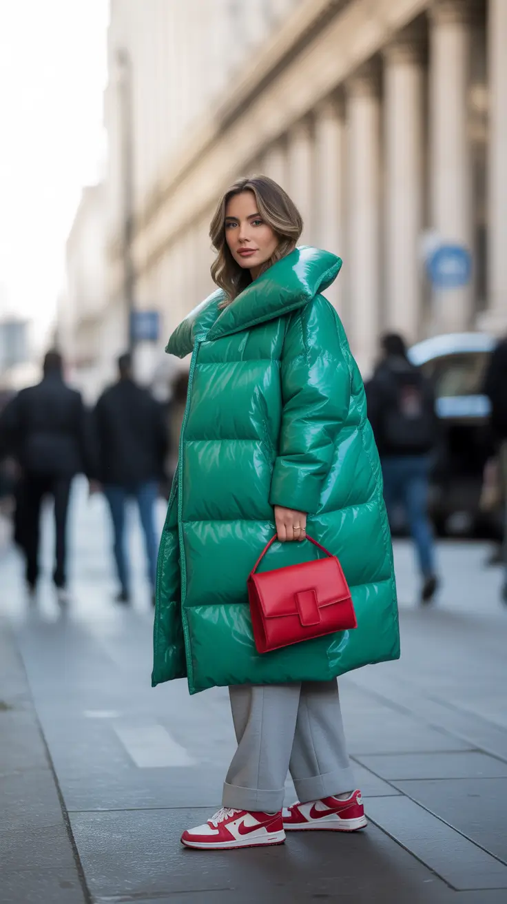 winter outfit inspo street style Sporty Green Puffer with Red Accents
