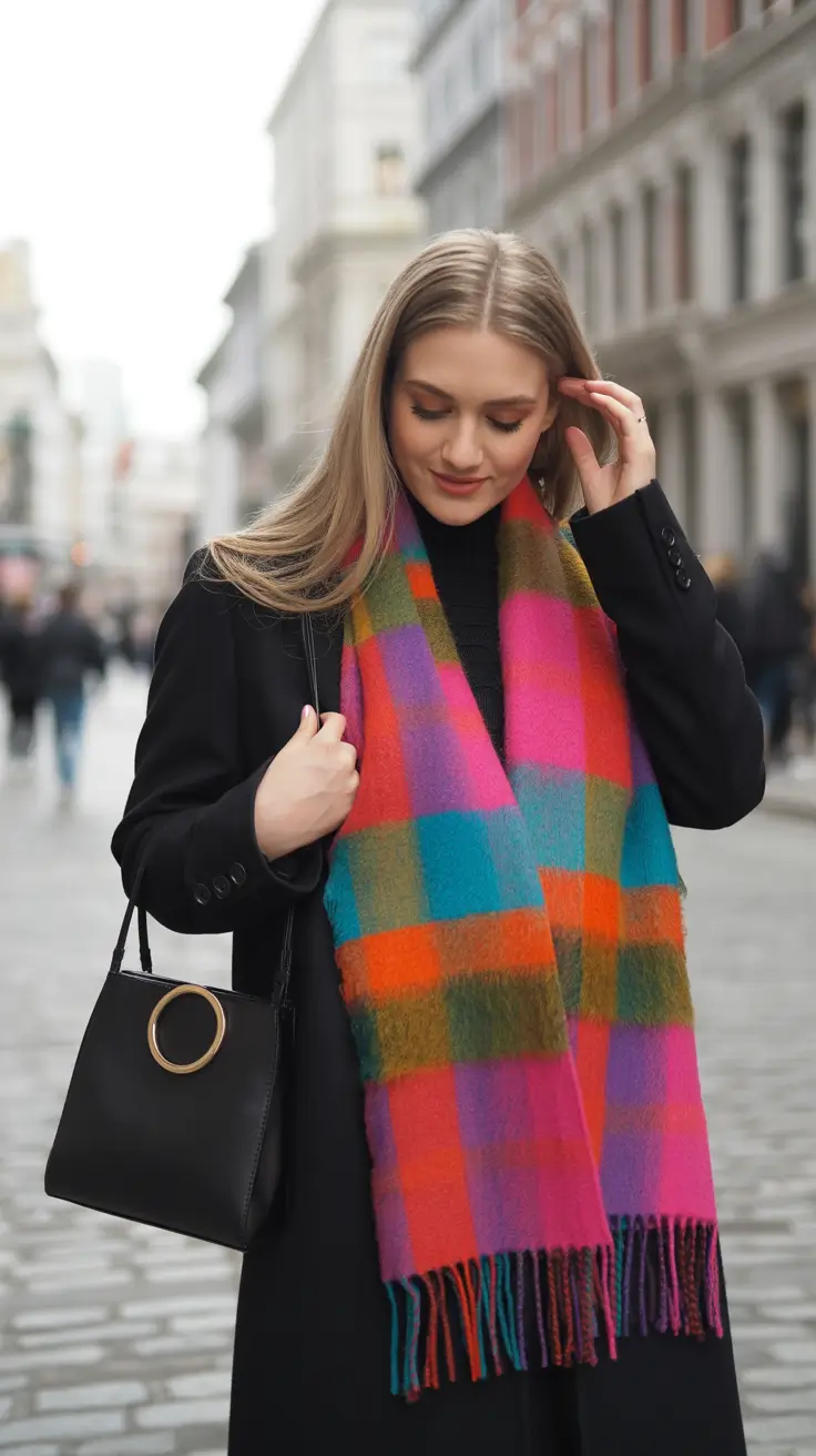 winter outfit inspo street style Color-Block Scarf with Classic Black Coat