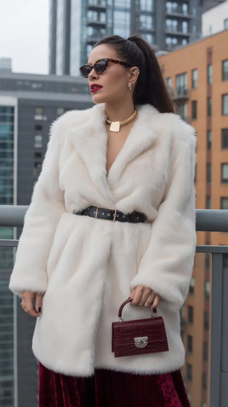 winter outfit inspo aesthetic White Fur Glam with Red Velvet