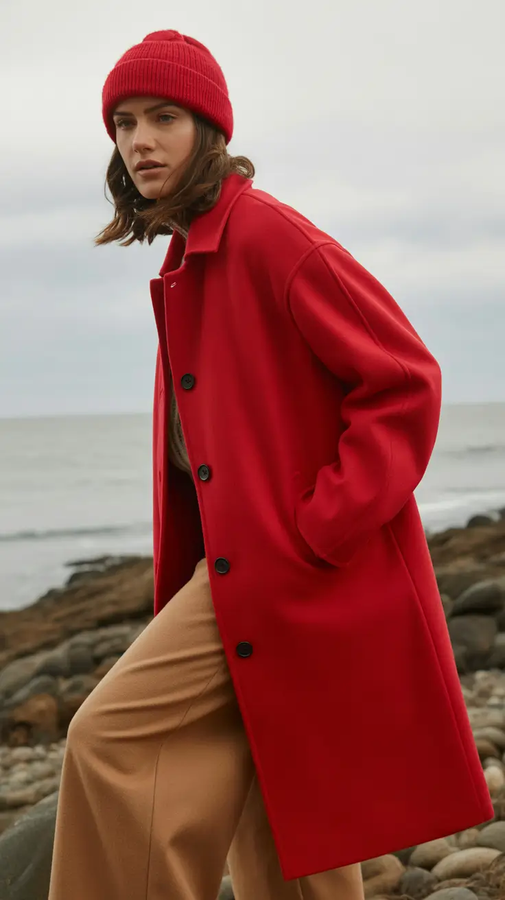 winter outfit inspo casual Red Coat and Beanie with Neutral Base