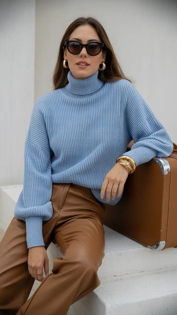 winter outfit inspo travel Powder Blue Knit with Leather Pants