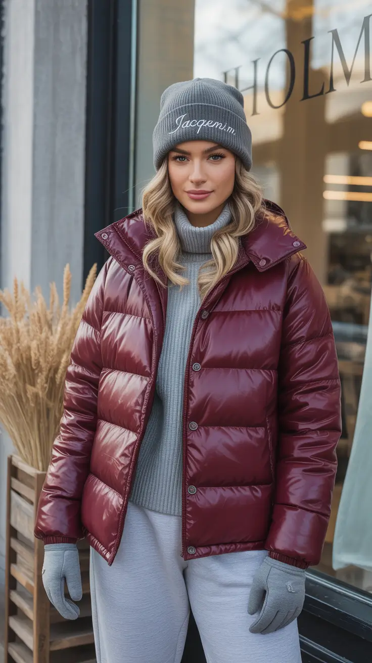 winter outfit inspo casual Burgundy Puffer with Cozy Knit Layers