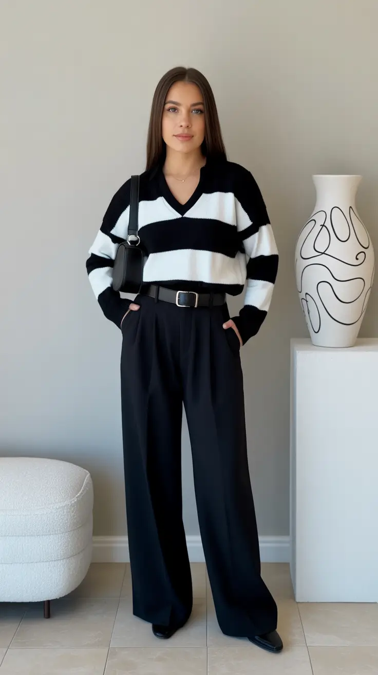 winter outfit inspo casual Striped Knit with Black Wide-Leg Trousers
