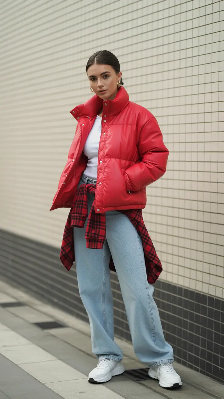 winter outfit inspo casual Red Puffer with Denim and Plaid Layering