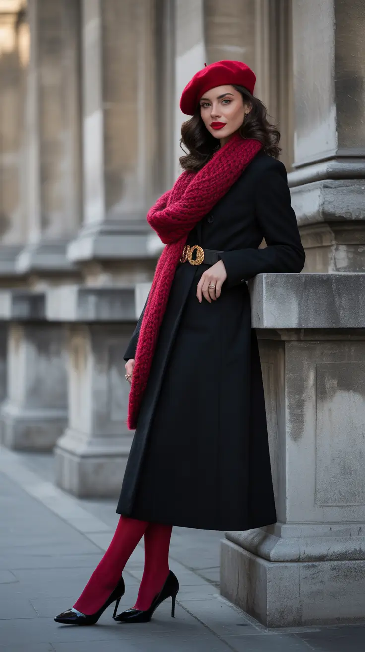 winter outfit inspo aesthetic Parisian Red Accents with Classic Black