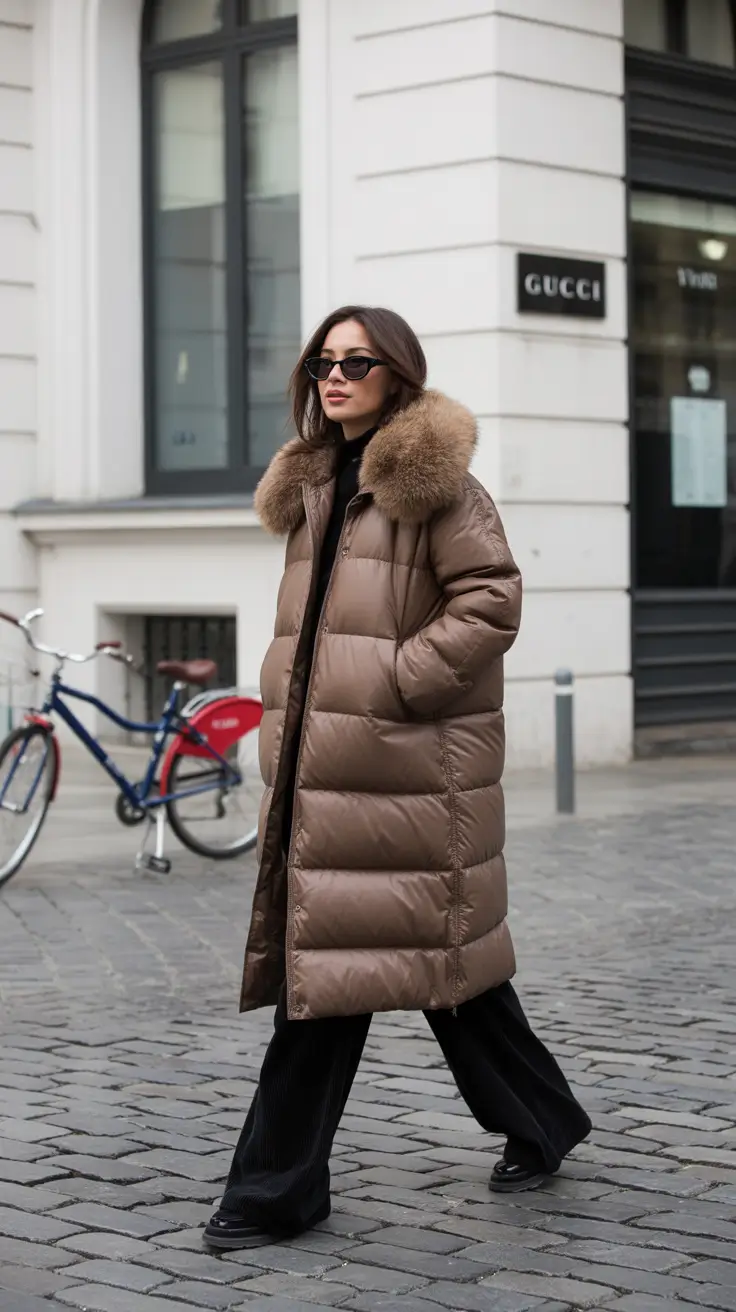 winter outfit inspo cold Neutral Maxi Puffer with Fur-Trim Collar