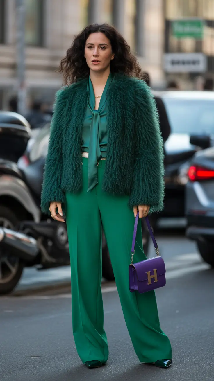 winter outfit inspo street style Monochrome Green with Playful Texture