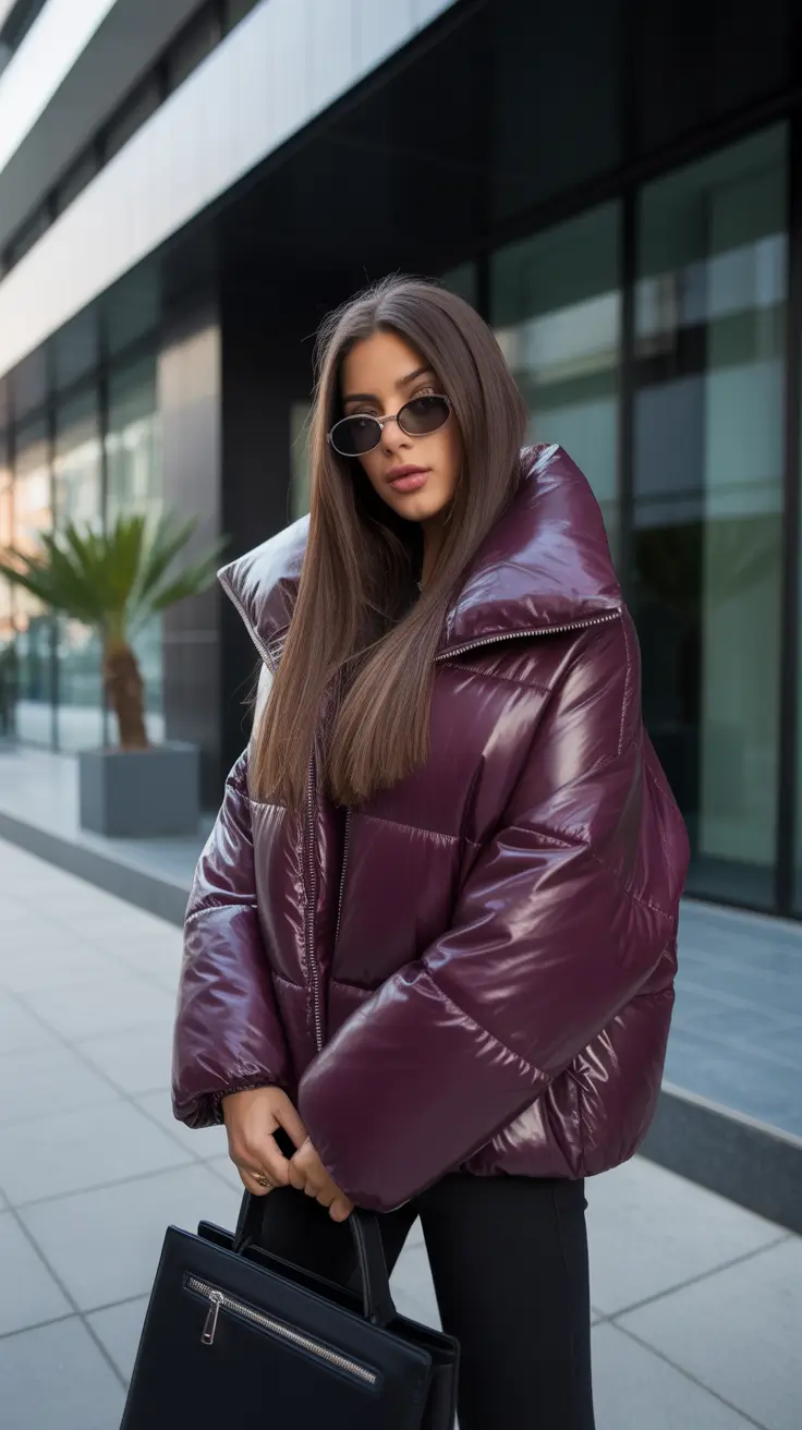 winter outfit inspo casual Glossy Oversized Puffer with Sleek Accessories