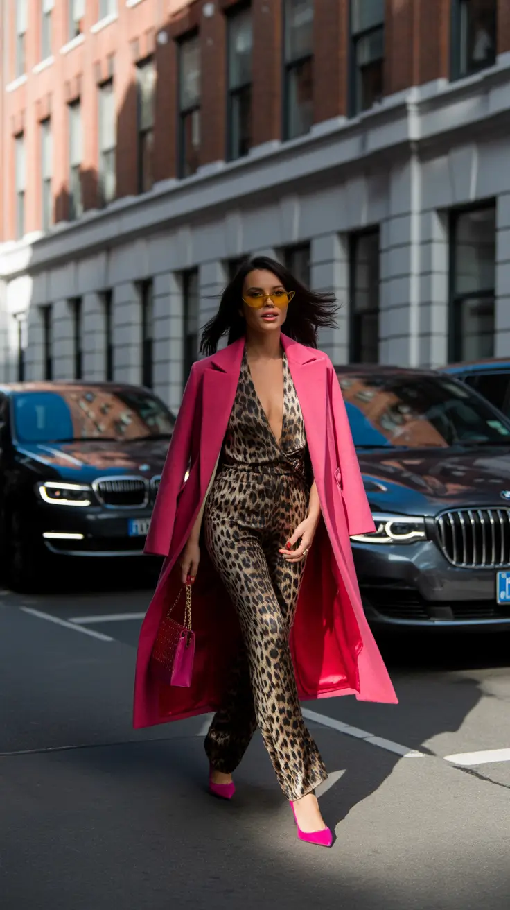 winter outfit inspo aesthetic Leopard Jumpsuit with Hot Pink Coat