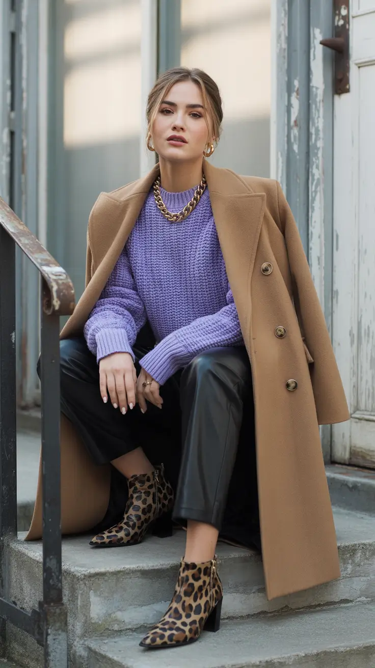 winter outfit inspo casual Soft Lilac Sweater with Camel Coat