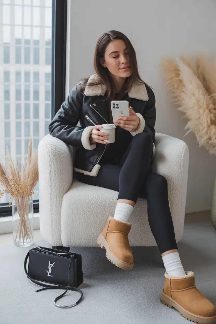 uggs outfit winter Shearling Jacket and Slim Leggings