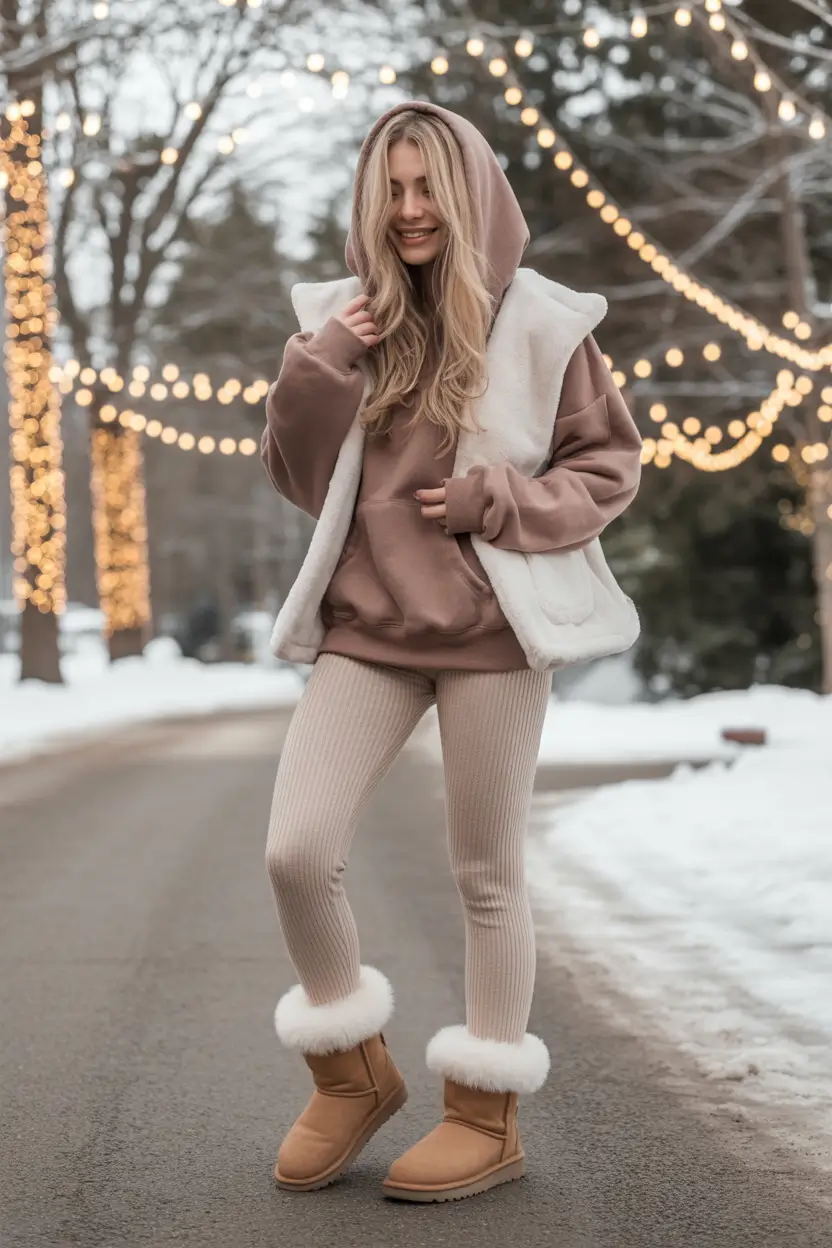 uggs outfit winter Faux Fur Vest and Ribbed Leggings