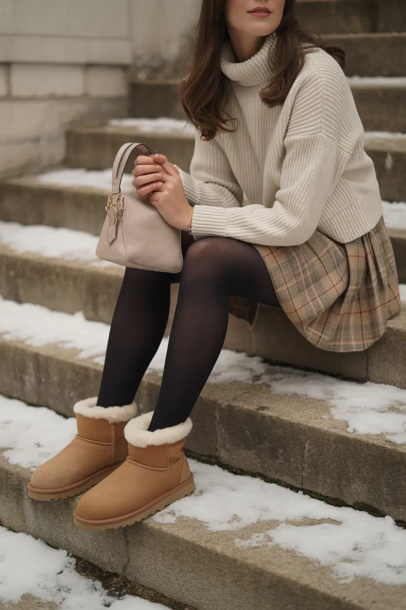 uggs outfit winter Cozy Sweater with Mini Skirt