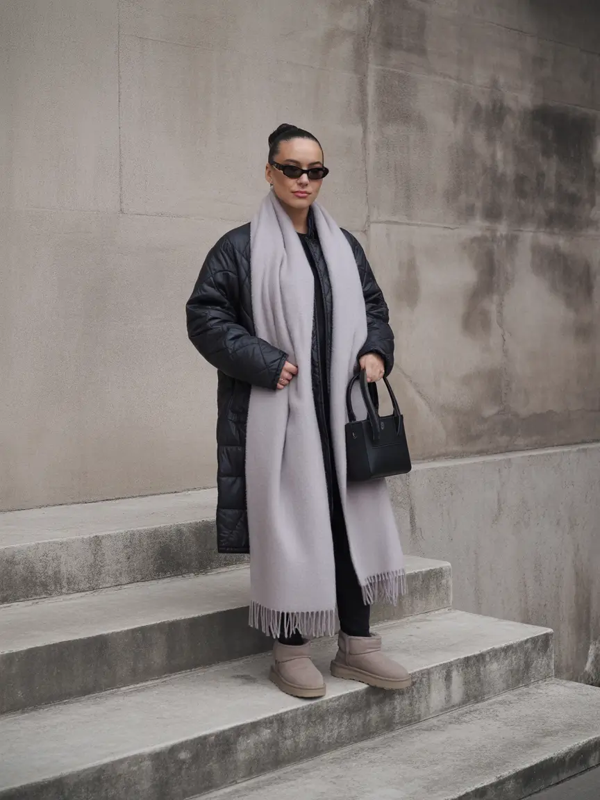 uggs outfit winter Long Scarf and Quilted Coat