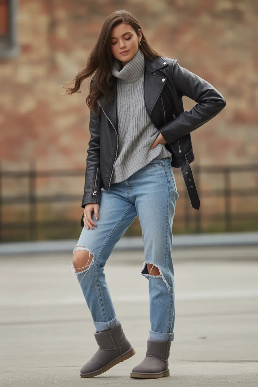 uggs outfit winter Leather Jacket and Distressed Denim