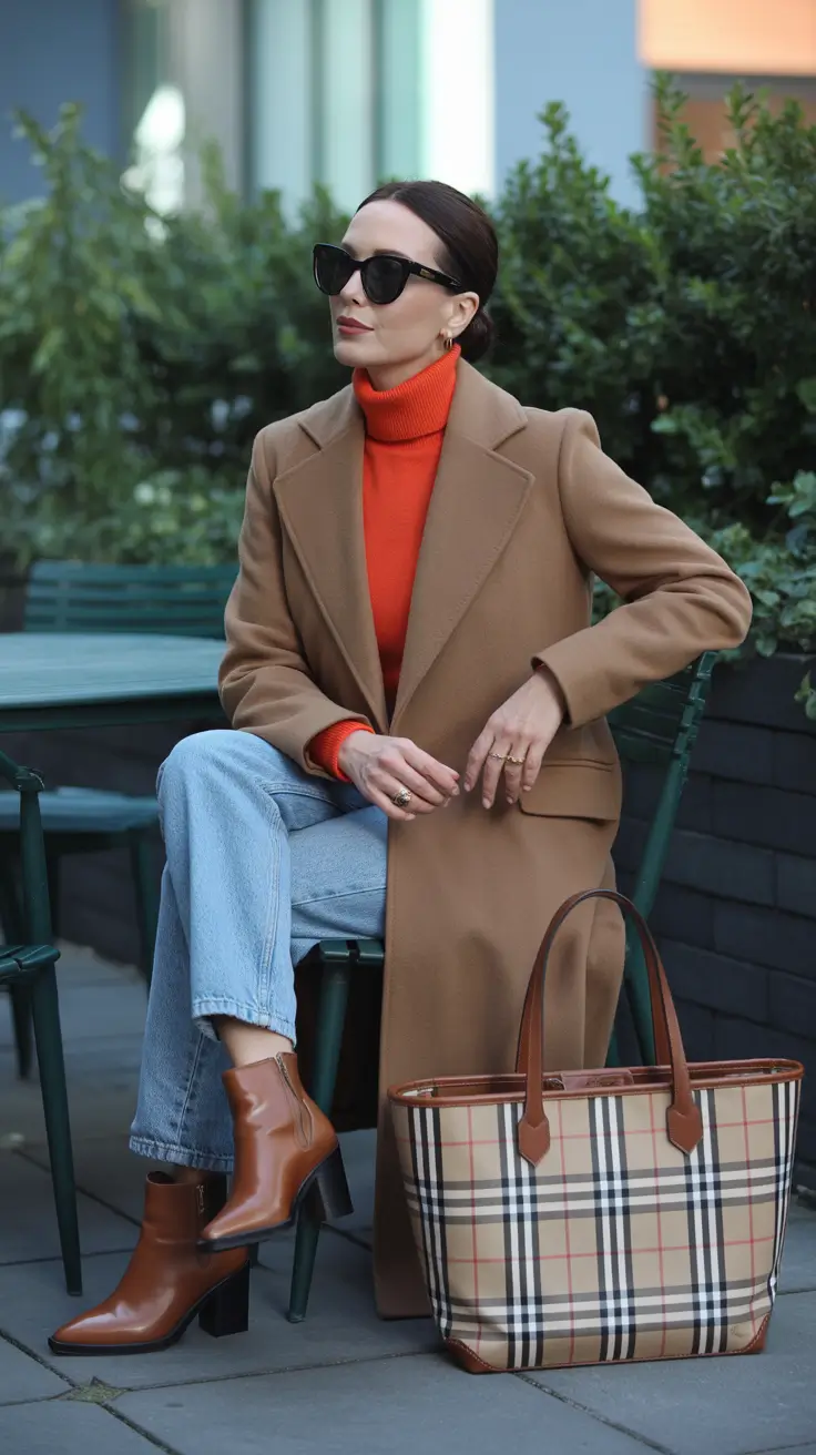 winter going out outfit night Classic Camel Coat with a Pop of Color