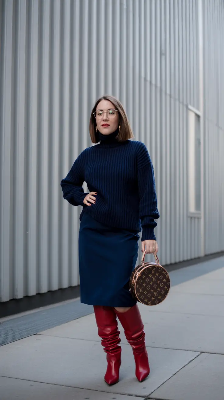 winter going out outfit night Navy Knit and Skirt with Red Boots