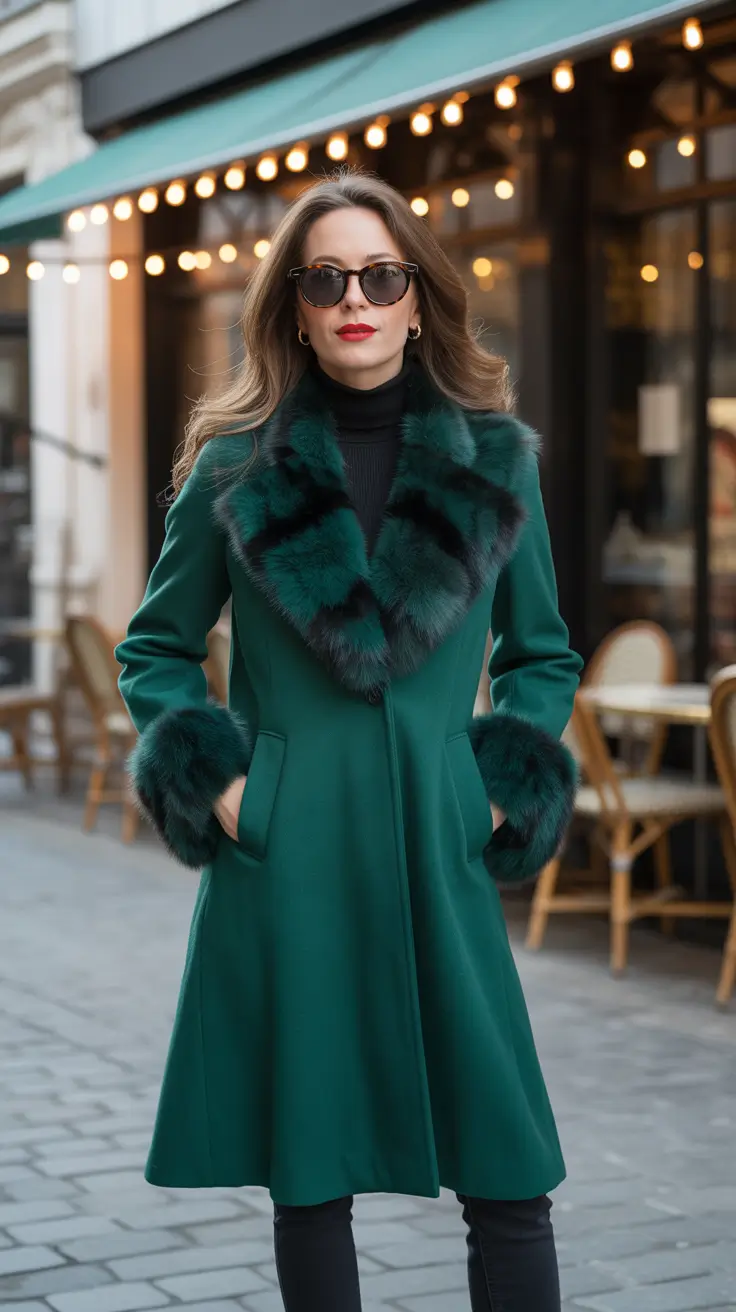 winter going out outfit night Emerald Coat with Luxe Fur Details