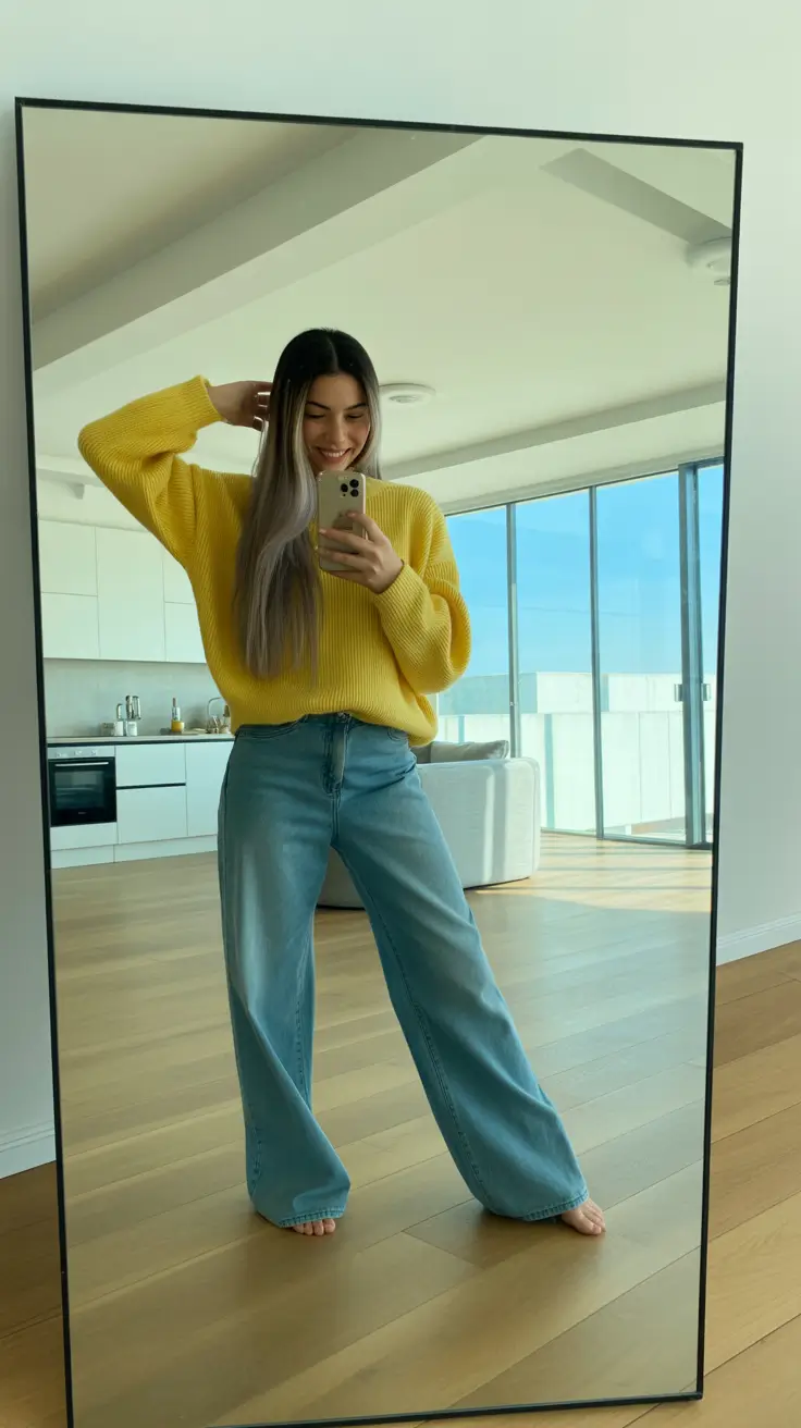 winter going out outfit night Yellow Knit and Relaxed Denim