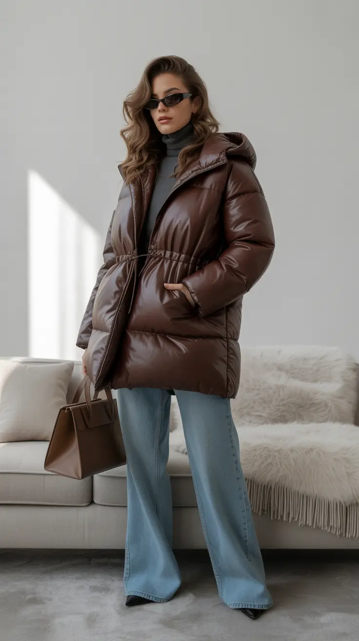 winter going out outfit night Chocolate Puffer with Denim