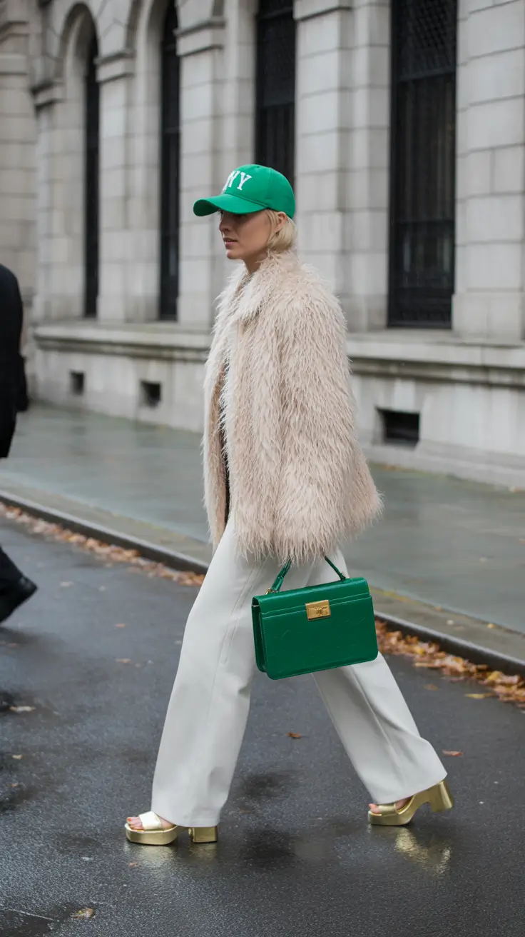 winter going out outfit night Shaggy Fur and Pops of Green