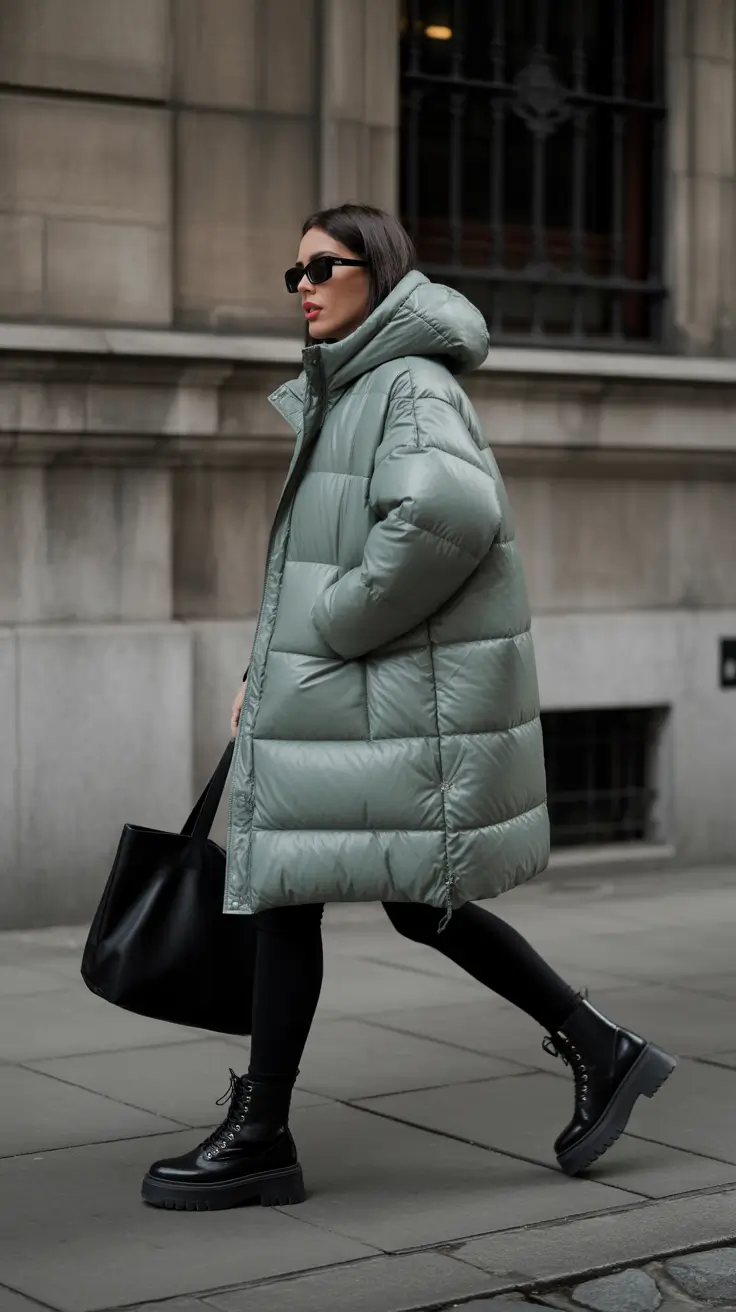 winter going out outfit night Sage Puffer and Combat Boots
