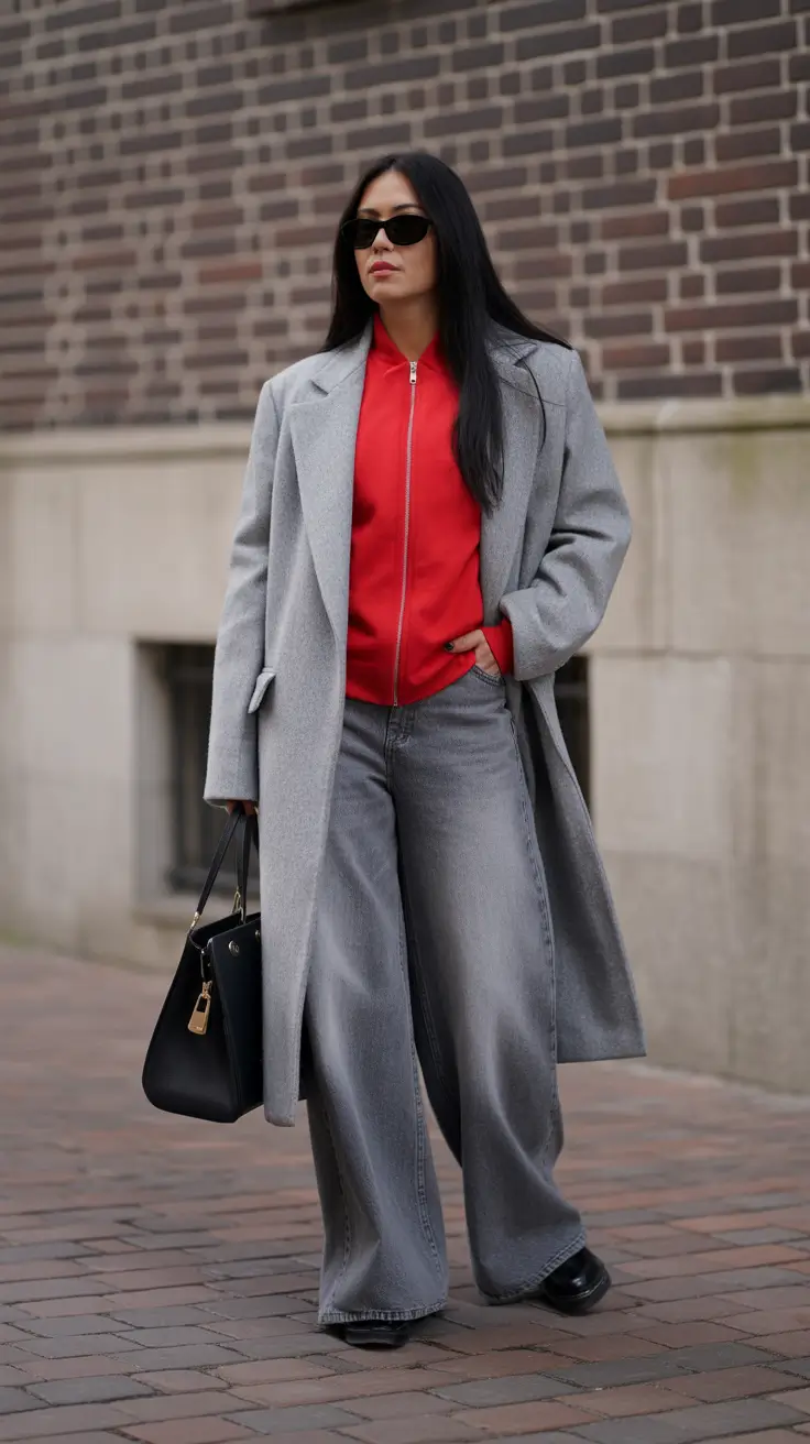 winter going out outfit night Gray on Gray with a Red Accent