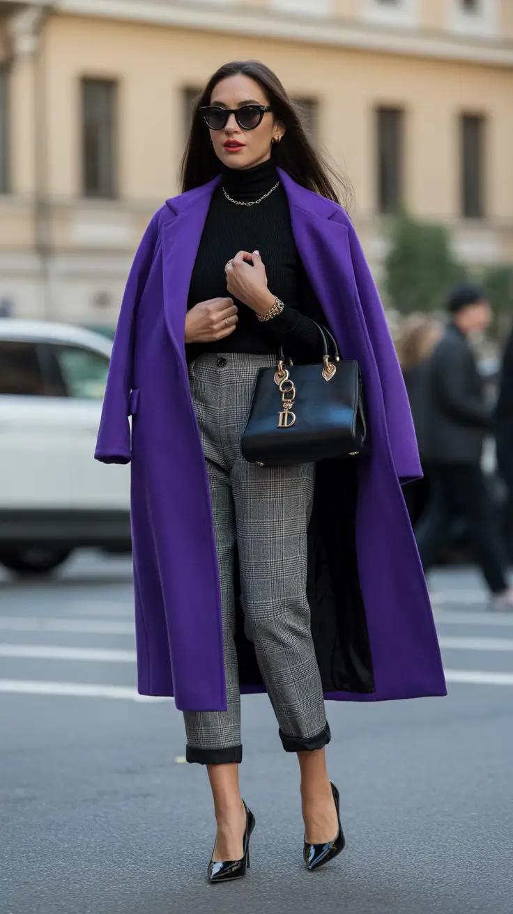 winter going out outfit night Purple Coat Power Look