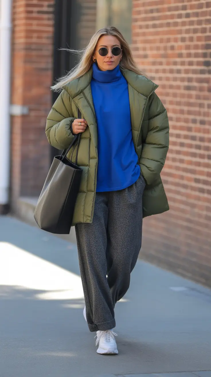 winter going out outfit night Olive Puffer with Royal Blue Layers