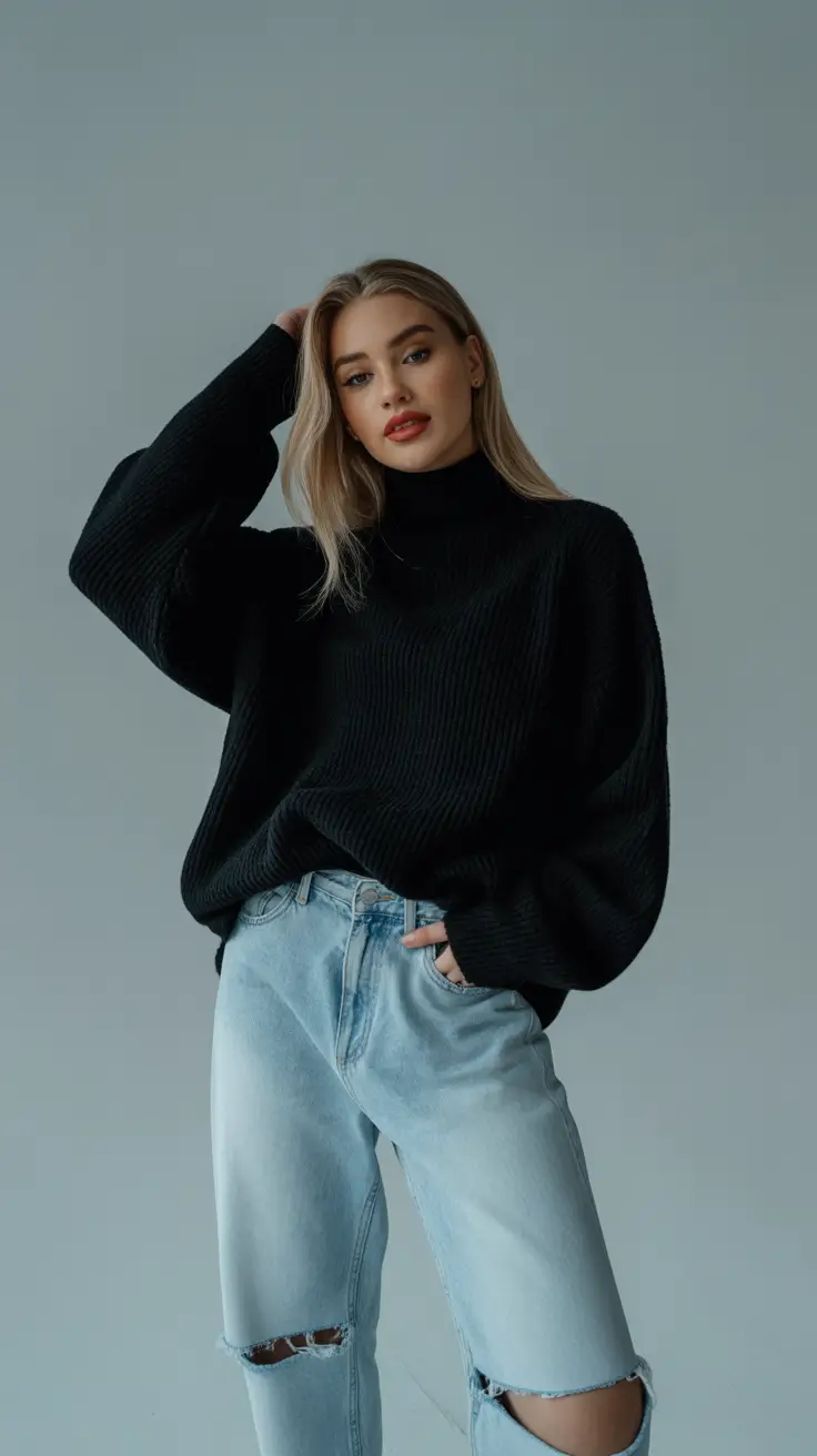 winter going out outfit night Minimalist Black Knit with Denim