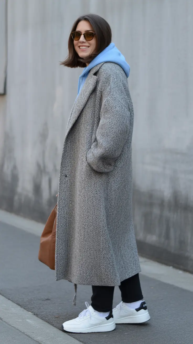 winter going out outfit night Herringbone Coat with Hoodie Twist