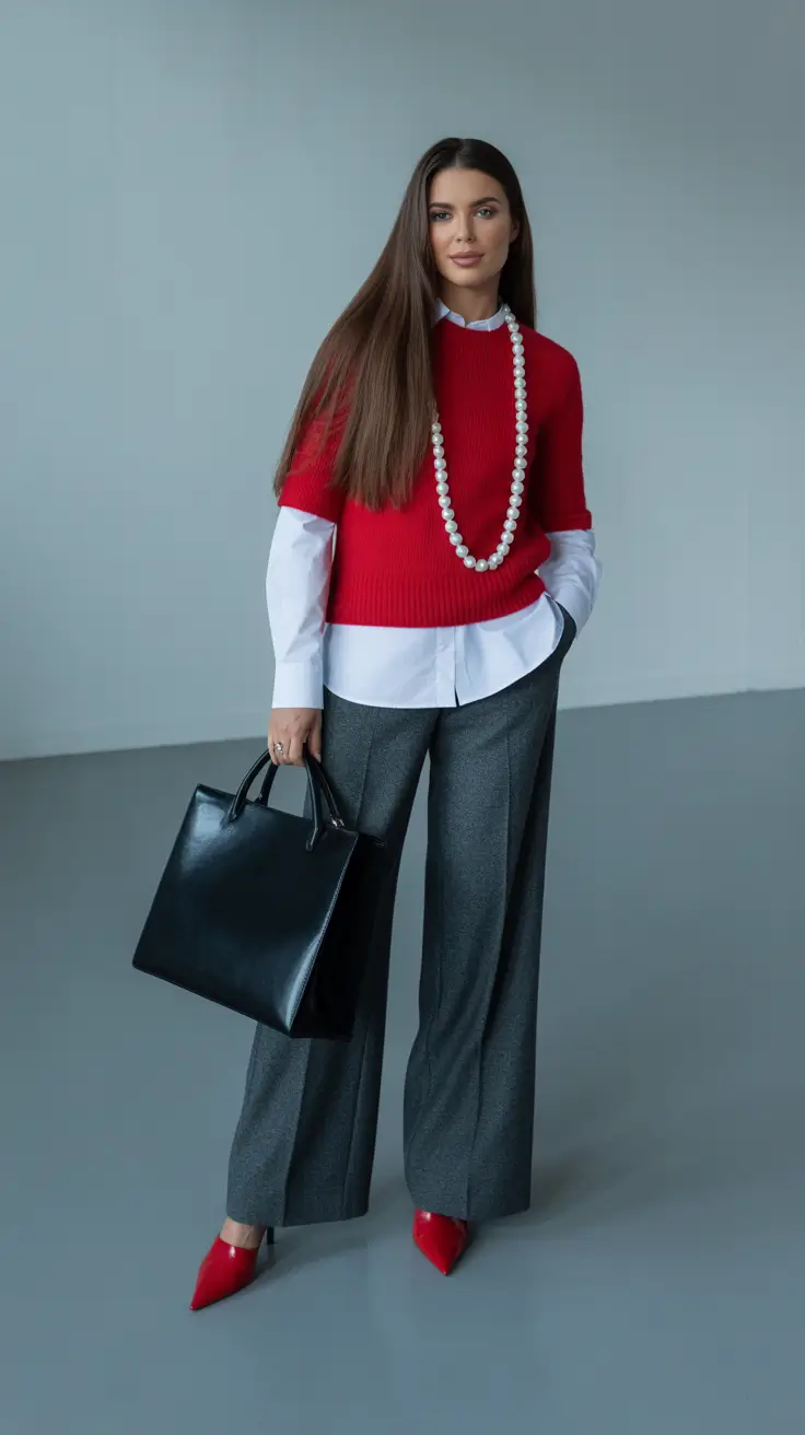 winter going out outfit night Polished Red Accents with Wide-Leg Trousers