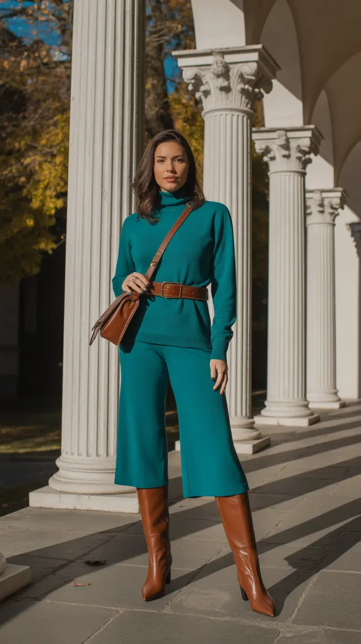 winter going out outfit night Monochrome Teal with Statement Belt