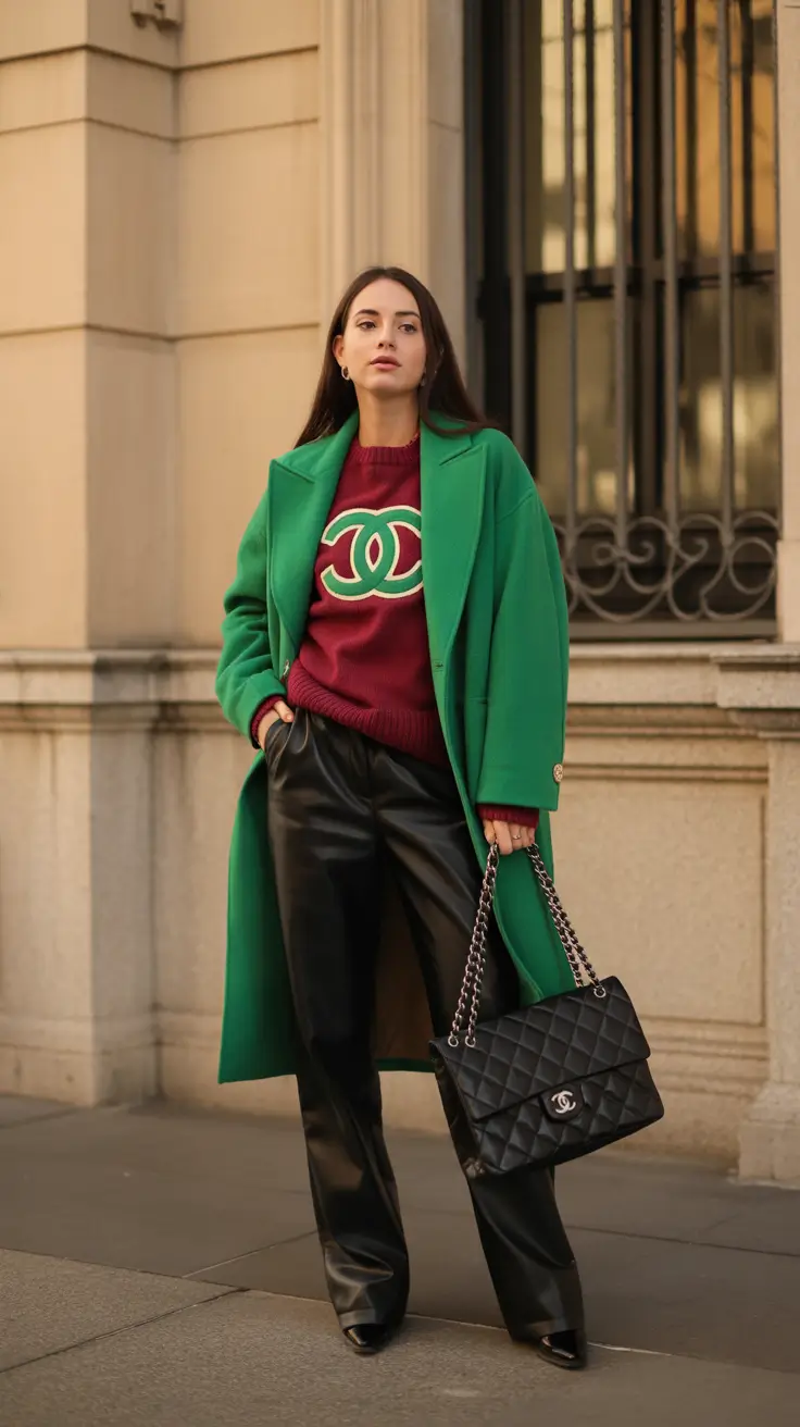 winter going out outfit night Logo Knit with Emerald Coat