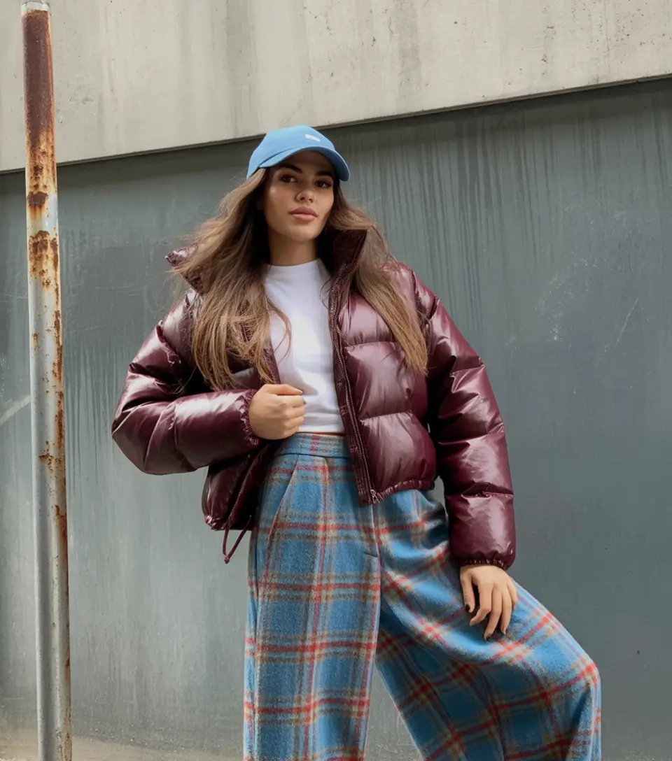 trendy winter outfits 2025 women Playful Checks and Glossy Layers