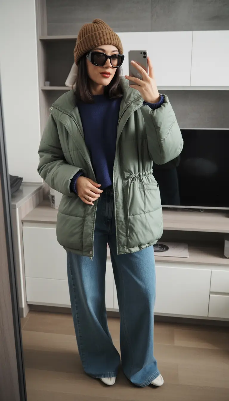 trendy winter outfits 2025 women Relaxed Denim with Earthy Layers