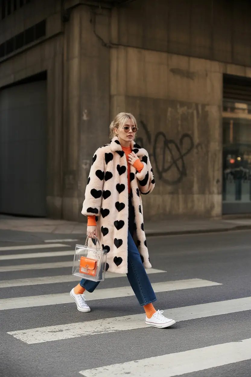 trendy winter outfits 2025 women Hearts and Playful Contrast