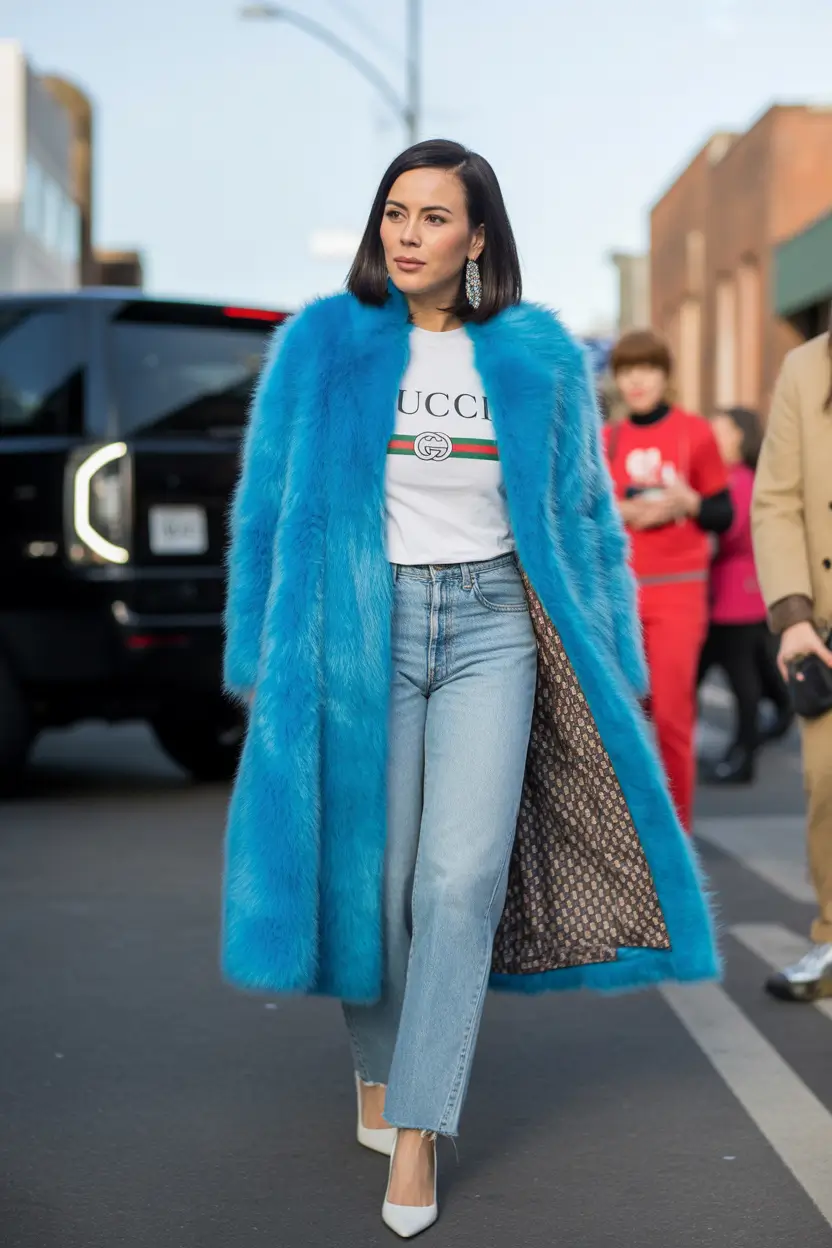 trendy winter outfits 2025 women Bold Color Classic Denim