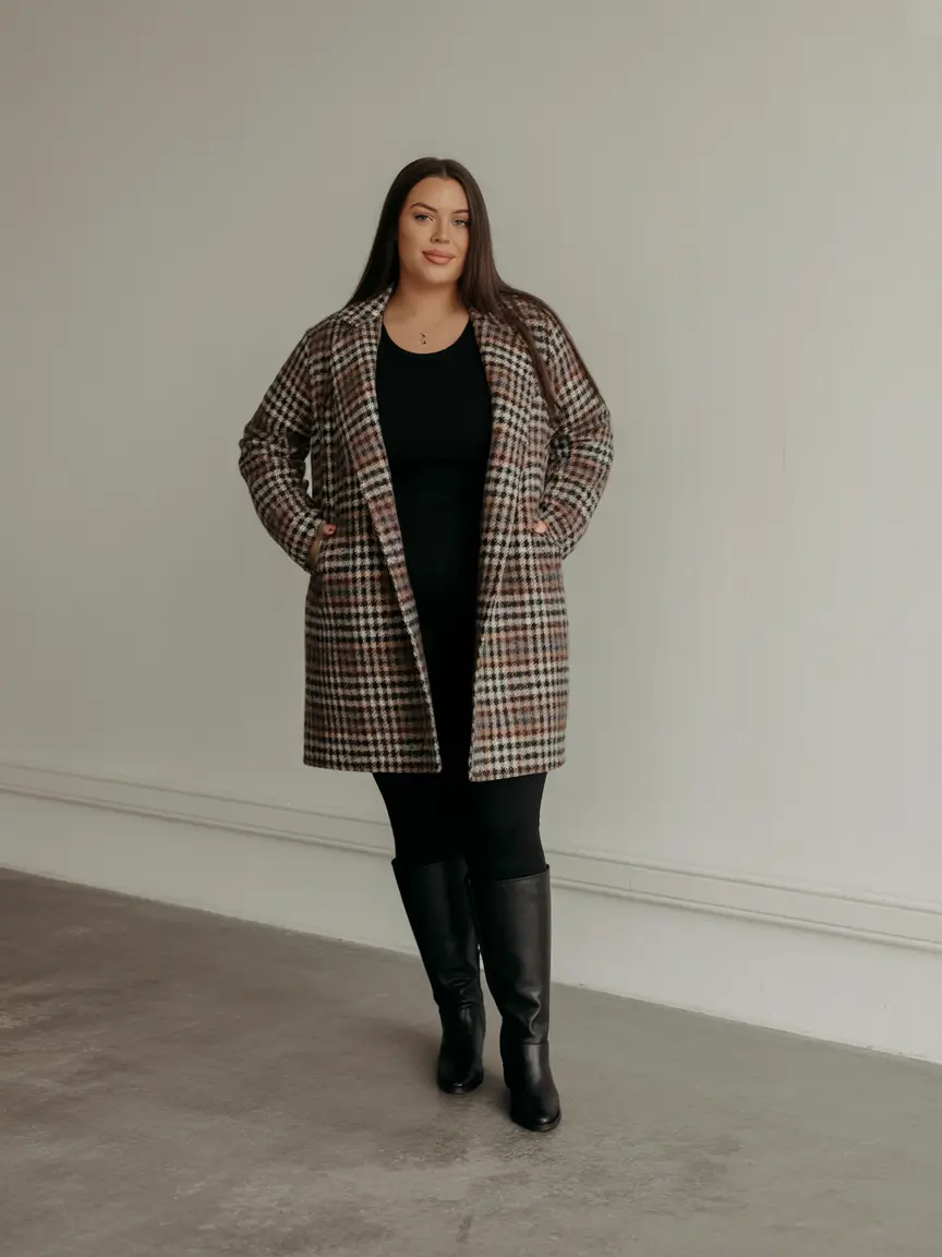 Winter Capsule Wardrobe Plus Size 2025-2026 Houndstooth Coat Outfit