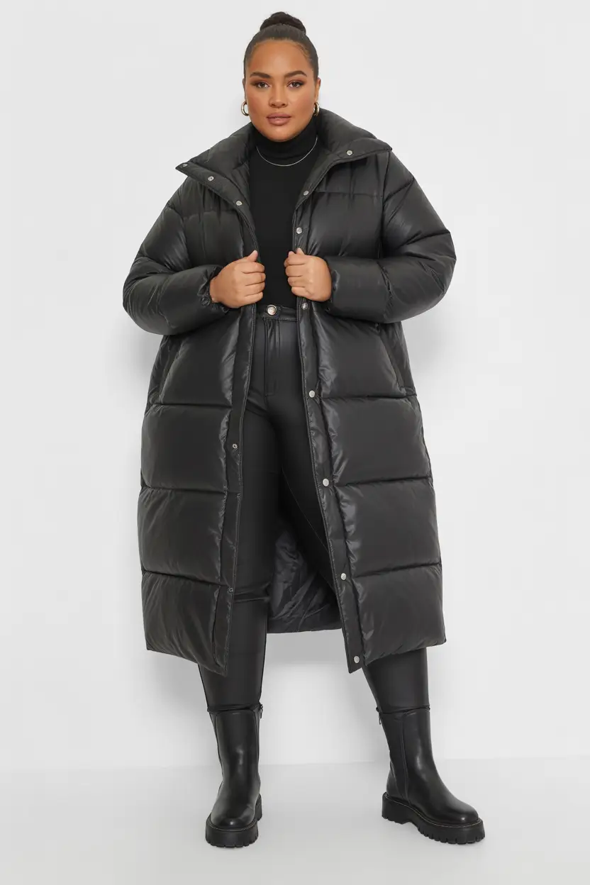 Winter Capsule Wardrobe Plus Size 2025-2026 Long Black Puffer Outfit