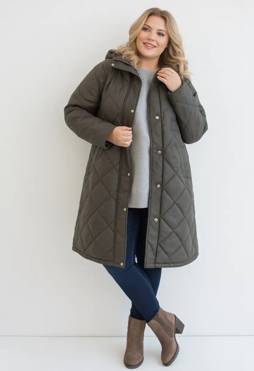 Winter Capsule Wardrobe Plus Size 2025-2026 Quilted Olive Coat Outfit