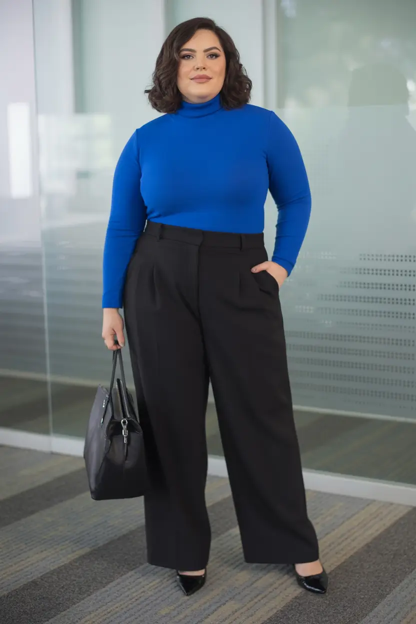 Winter Capsule Wardrobe Plus Size 2025-2026 Blue Turtleneck Office Outfit