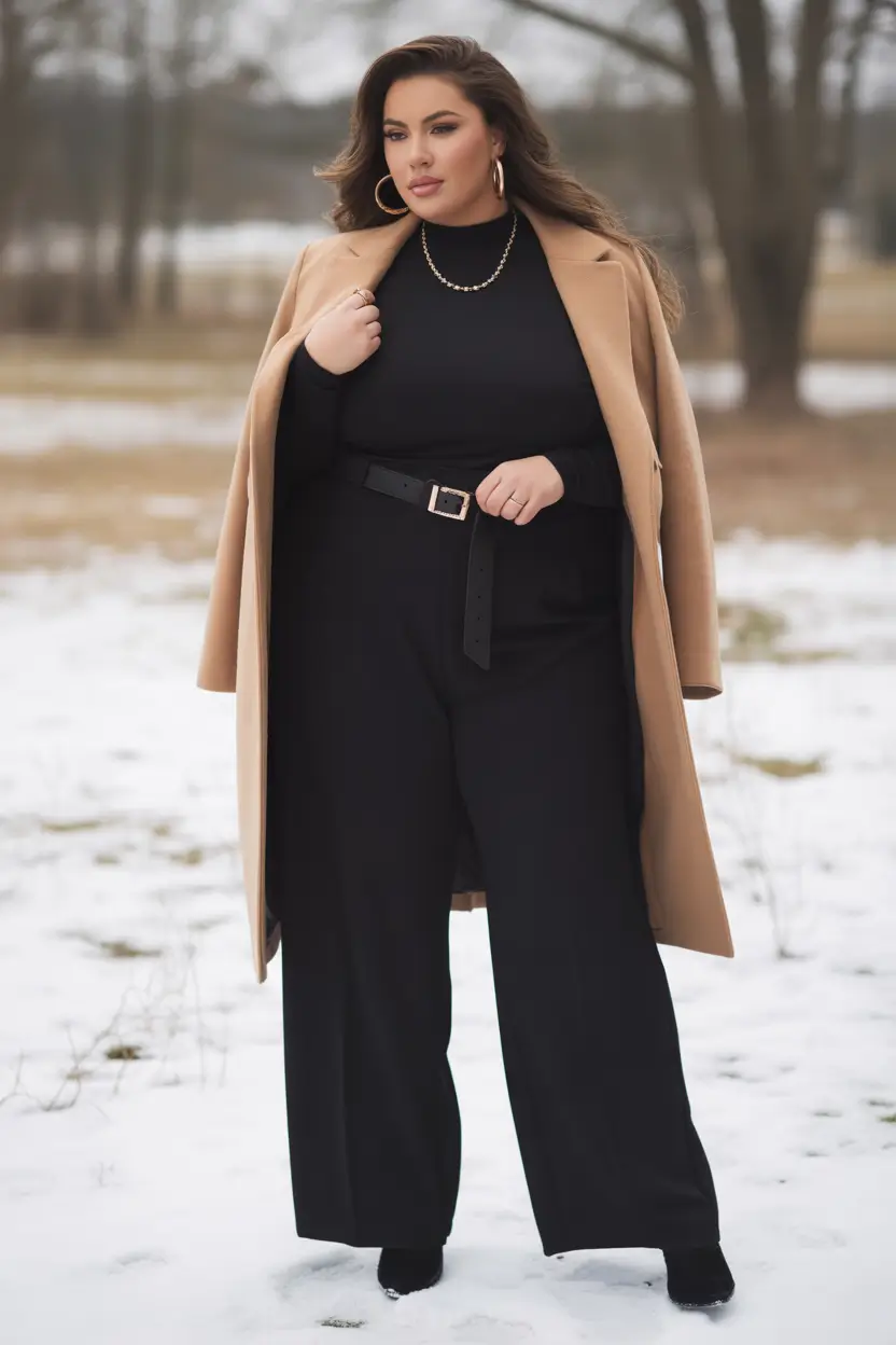 Winter Capsule Wardrobe Plus Size 2025-2026 Camel Coat with Black Outfit