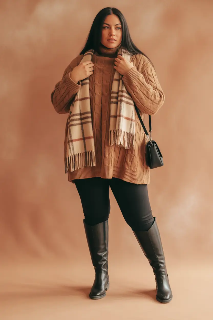 curvy winter outfits plus size Oversized Knit and Classic Scarf