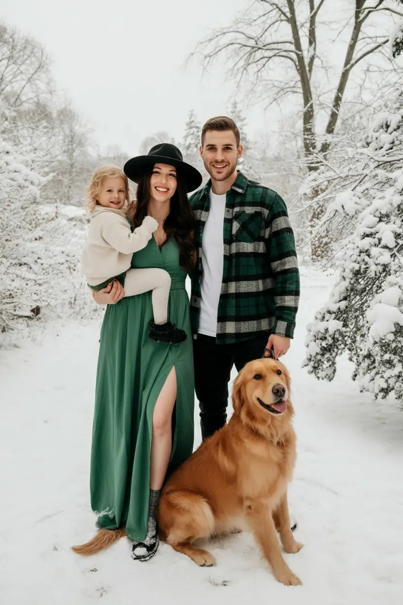 Winter Family Outfits for Photos 2025 2026 Evergreen Elegance with a Pop of Green