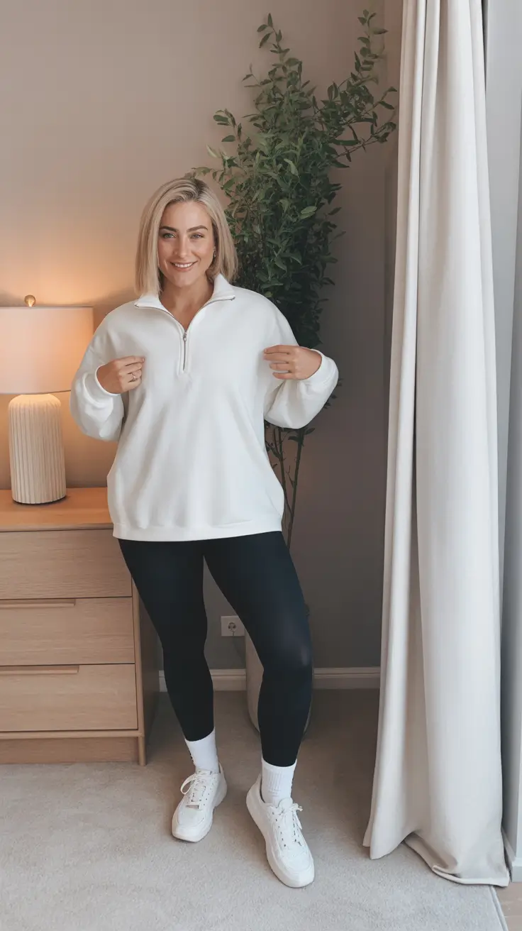 winter fashion outfits casual Effortless White Quarter-Zip and Leggings