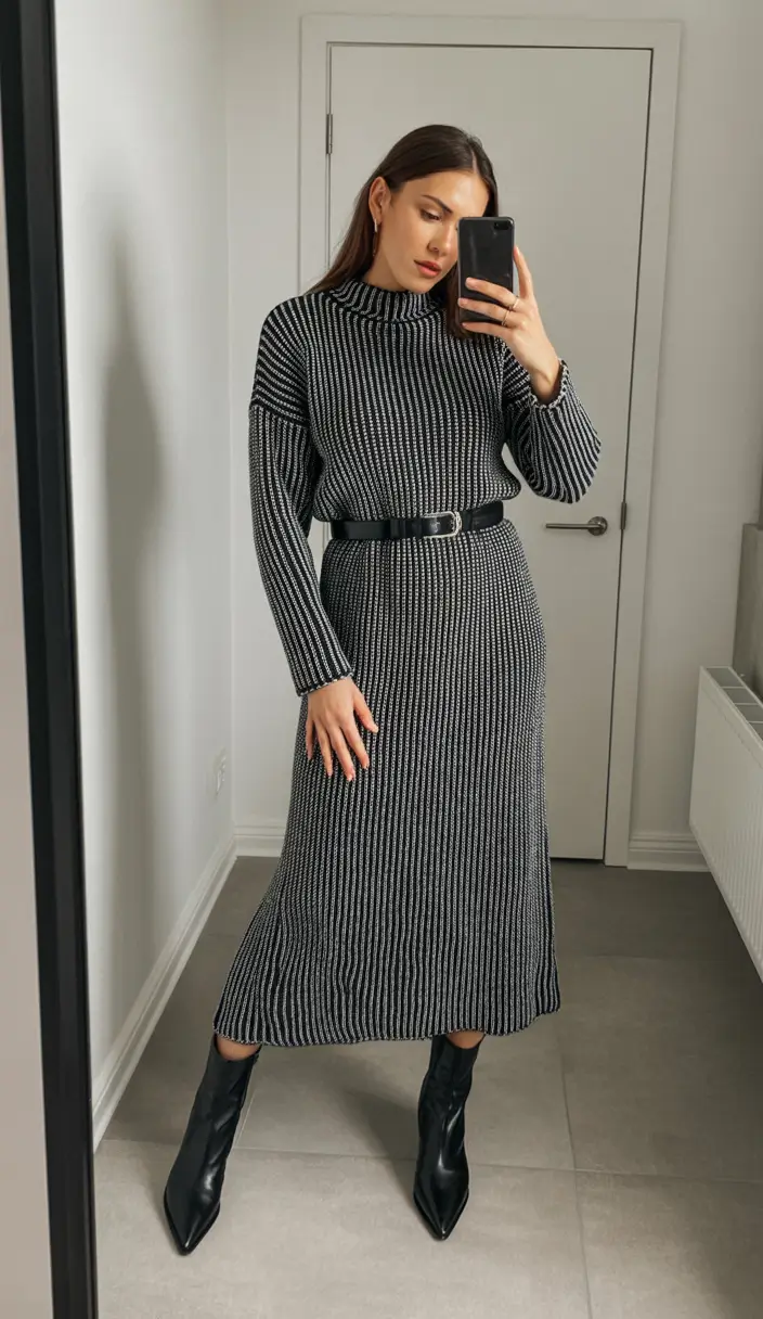winter fashion outfits classy Striped Knit Dress with Sleek Boots