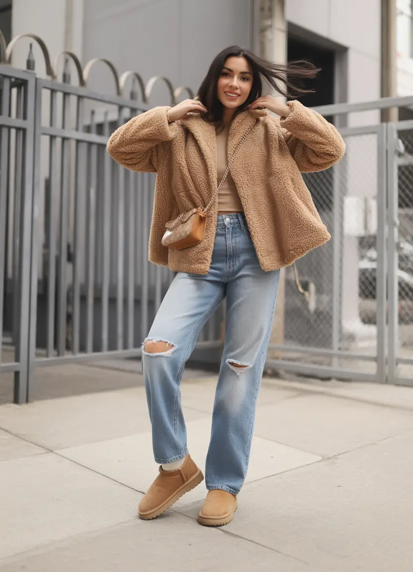 winter fashion outfits casual Laid-Back Teddy Coat with Relaxed Denim