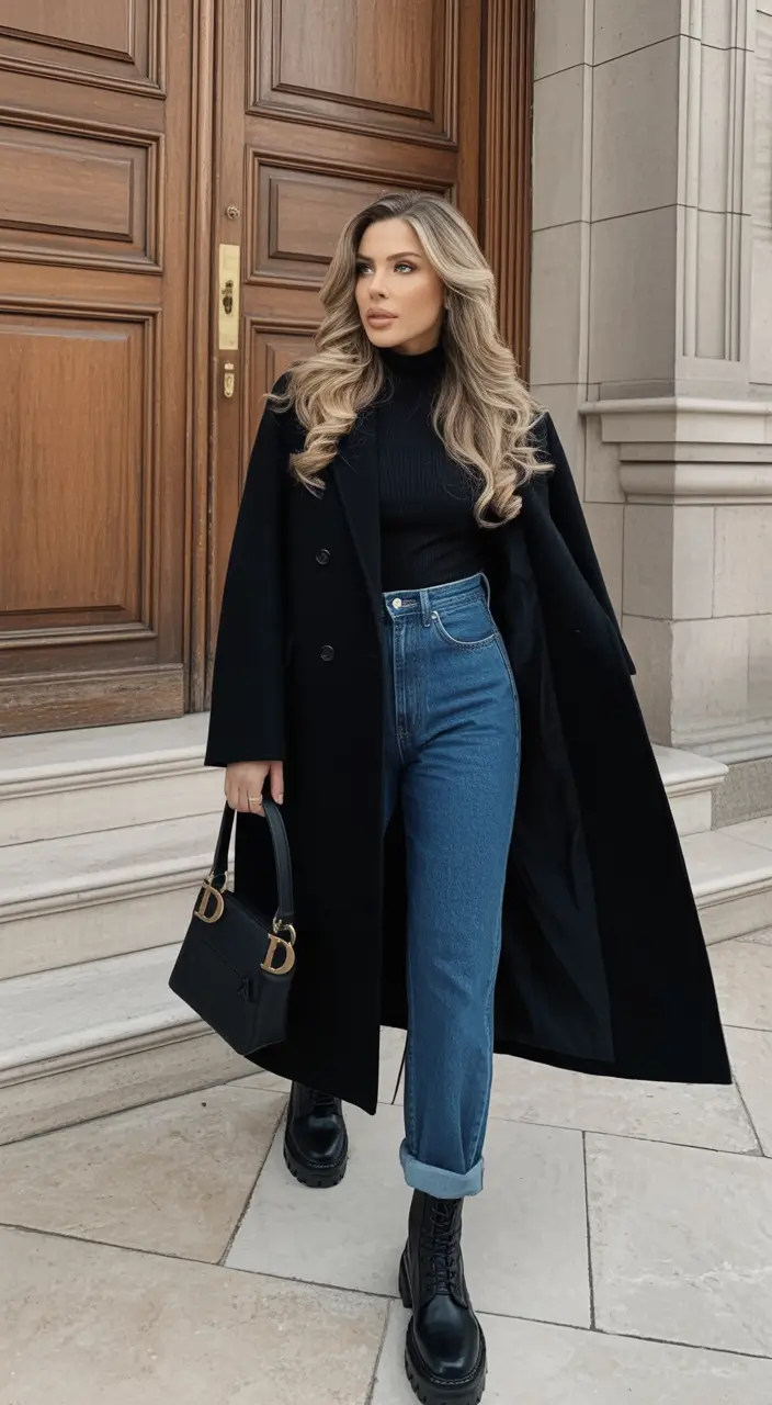 winter fashion outfits casual Urban Edge with Denim and Black Coat