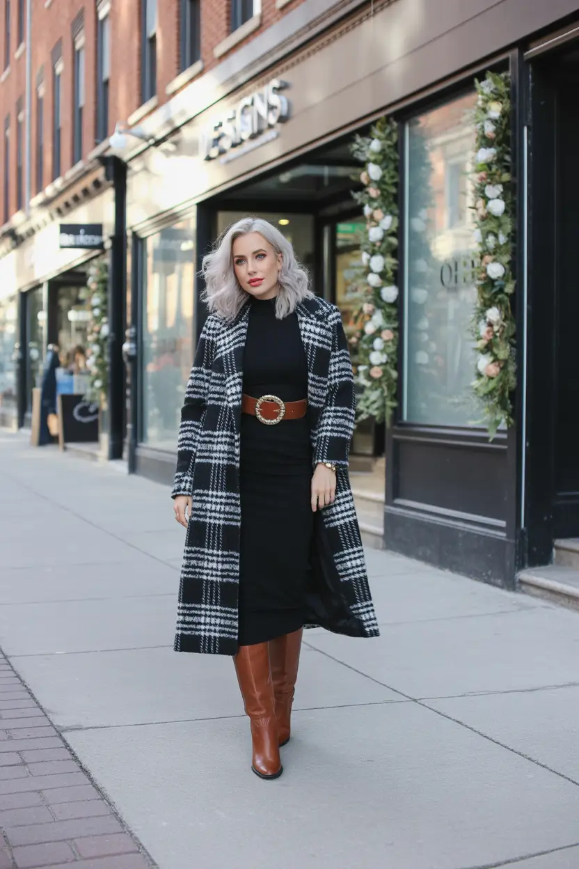 winter fashion outfits classy chic Black and White Drama with Statement Belt